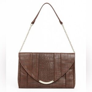Steve Madden Faux Croc Embossed Clutch Shoulder Bag Brown Gold Chain
